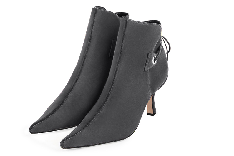 Dark grey women's ankle boots with laces at the back. Pointed toe. High slim heel. Front view - Florence KOOIJMAN